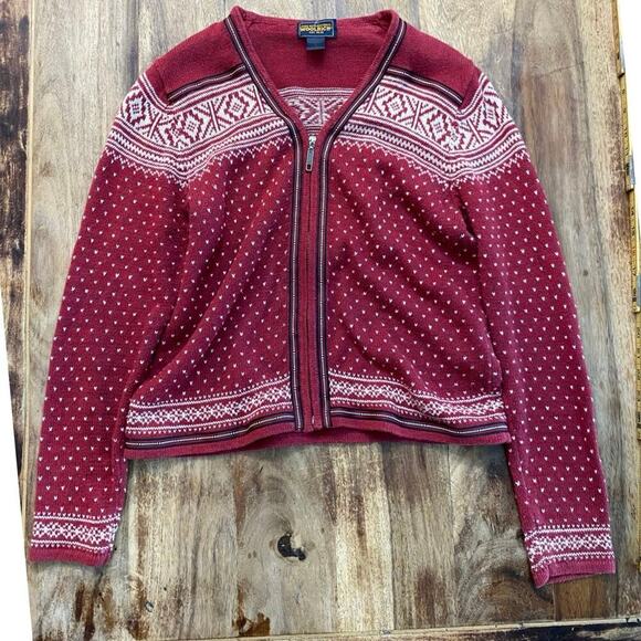 Woolrich Women's Red Nordic Fair Isle Cotton Full Zip Ruby Sweater Small - Picture 1 of 6